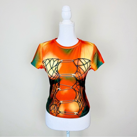 Rugged Trends Orange Fishnet & Safety Pin Grunge Illusion Short Sleeve Tee Top - Picture 1 of 8